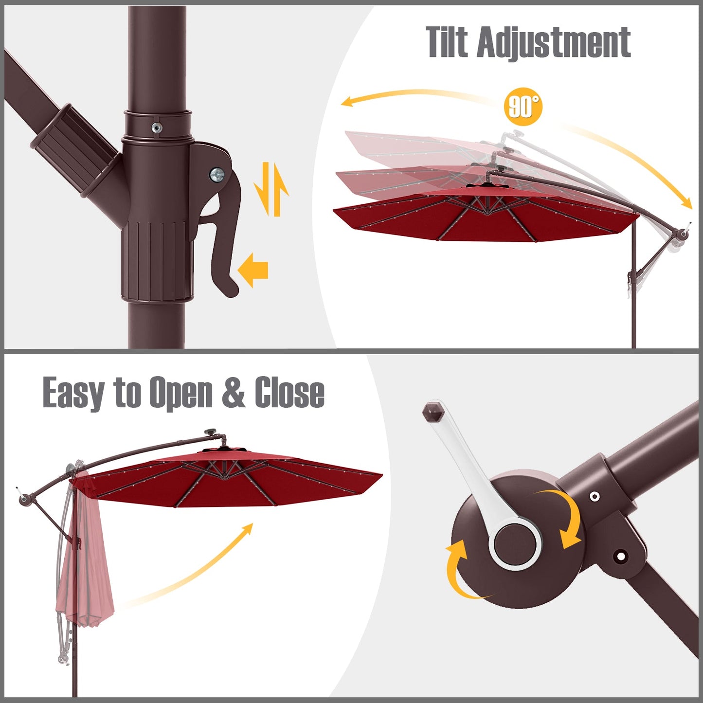 10 Ft Patio Umbrella Offset Cantilever Umbrella with 40 Solar Powered Lights-Red