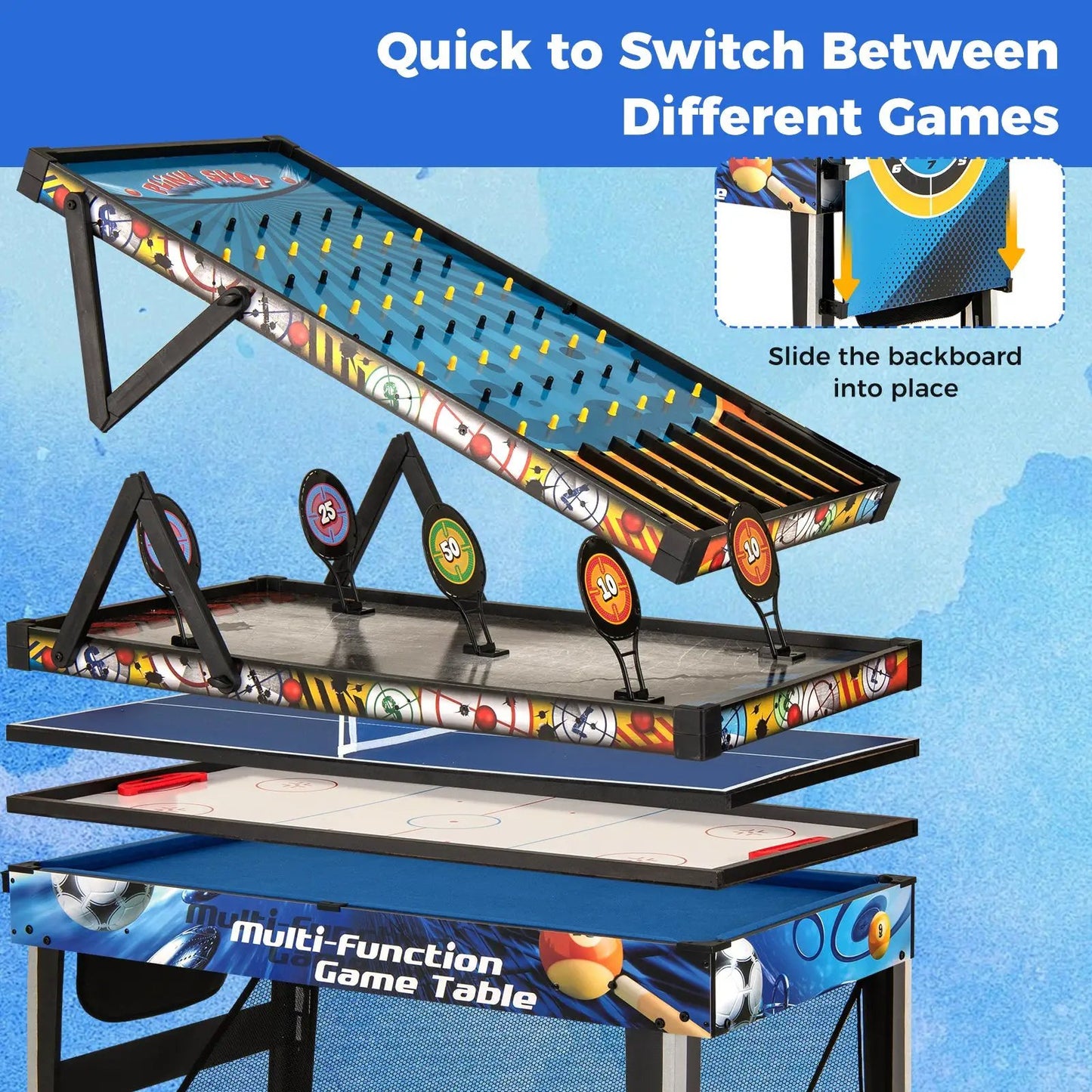 Ten-in-One blue hybrid game table set with table tennis, foosball and basketball components on Tampa Home & Garden Store
