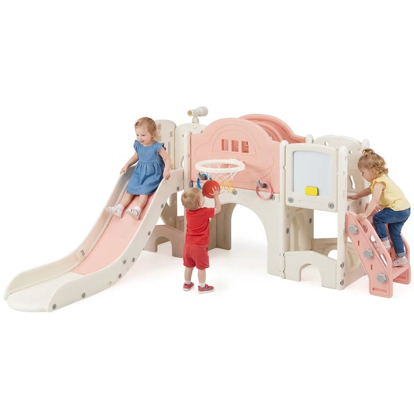 10-in-1 Toddler Slide Set Climber Playset pastel pink and beige with basketball hoop on Tampa Home & Garden Store