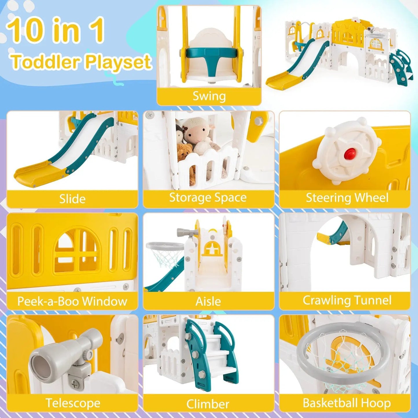 Toddler Swing and Slide Playset with Hoop, yellow and teal, 10-in-1, storage, DirectDeals on Tampa Home & Garden Store