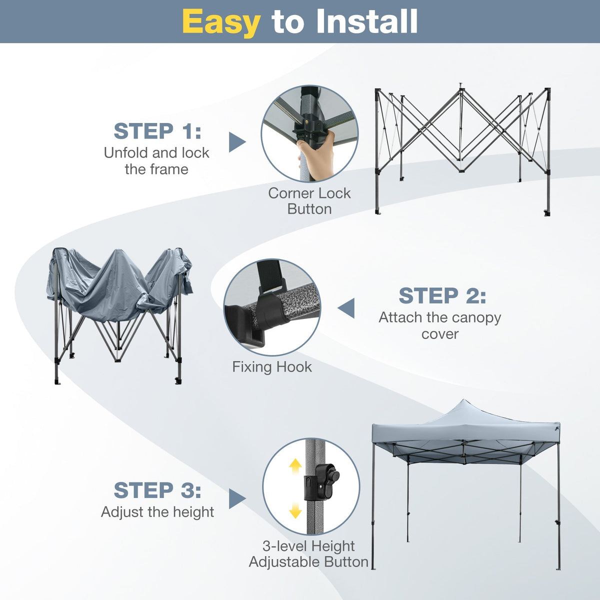 GemGear 10x10 ft outdoor pop-up canopy frame with grey cover and wheeled bag, easy install steps on Tampa Home & Garden Store