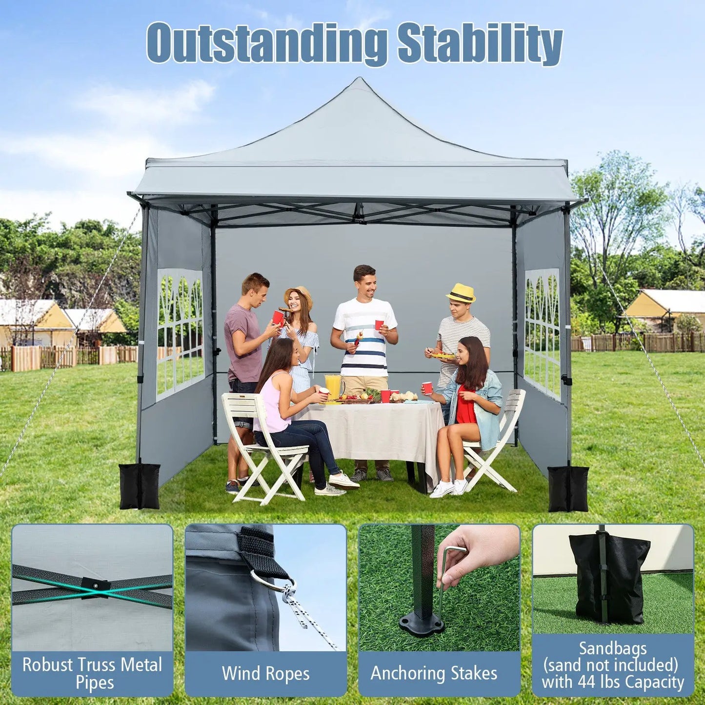 10 x 10 ft pop-up canopy with sidewalls and awning, gray fabric, DirectDeals canopy tent on Tampa Home & Garden Store