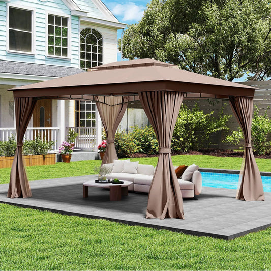 10x13 ft patio gazebo with double roof, brown frame, mesh netting, curtains DirectDeals on Tampa Home & Garden Store