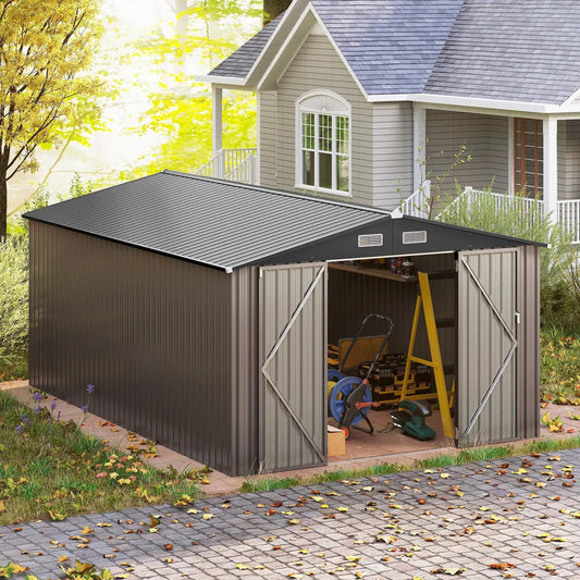 10 x 14 ft windproof outdoor storage shed with dark gray corrugated metal siding and double barn doors in a residential backyard on Tampa Home & Garden Store