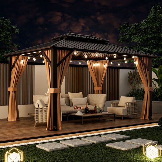 10x13ft Double-Roof Patio Hardtop Gazebo with Galvanized Steel Roof Netting and Curtains-Coffee - Tampa Home & Garden Store