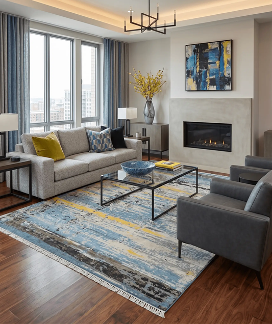 10x14 hand knotted wool area rug in blue and black with abstract pattern in living room setting on Tampa Home & Garden Store