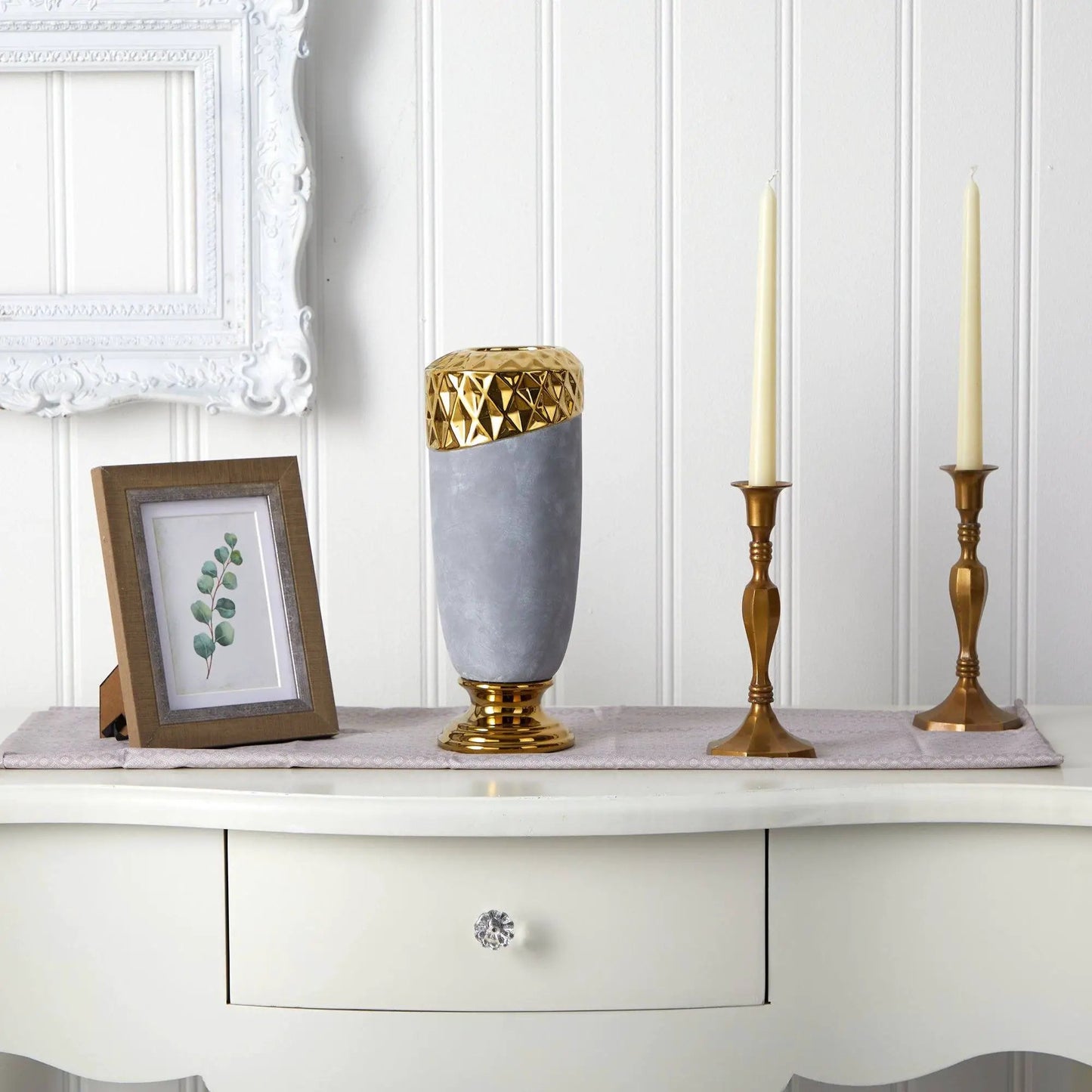 Regal Stone Vase with Gold Accents, 11.5 in, gray stone with gold lattice on Tampa Home & Garden Store