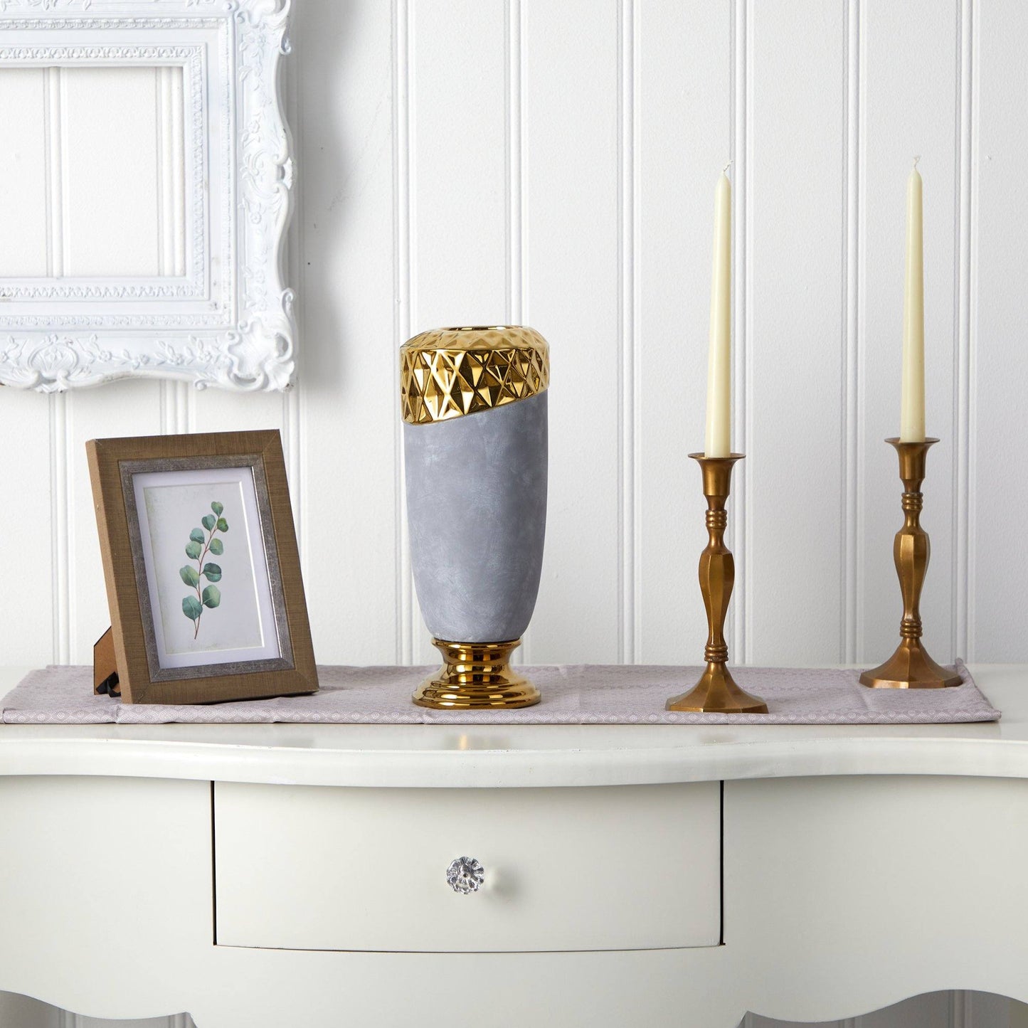 11.5” Regal Stone Vase with Gold Accents - Tampa Home & Garden Store