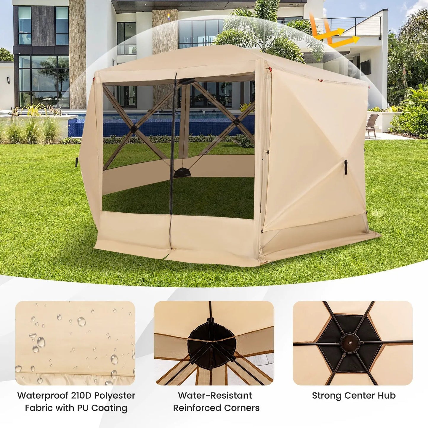 Beige 11.5 x 11.5 ft pop-up screen tent with carrying bag, waterproof 210D polyester fabric on Tampa Home & Garden Store