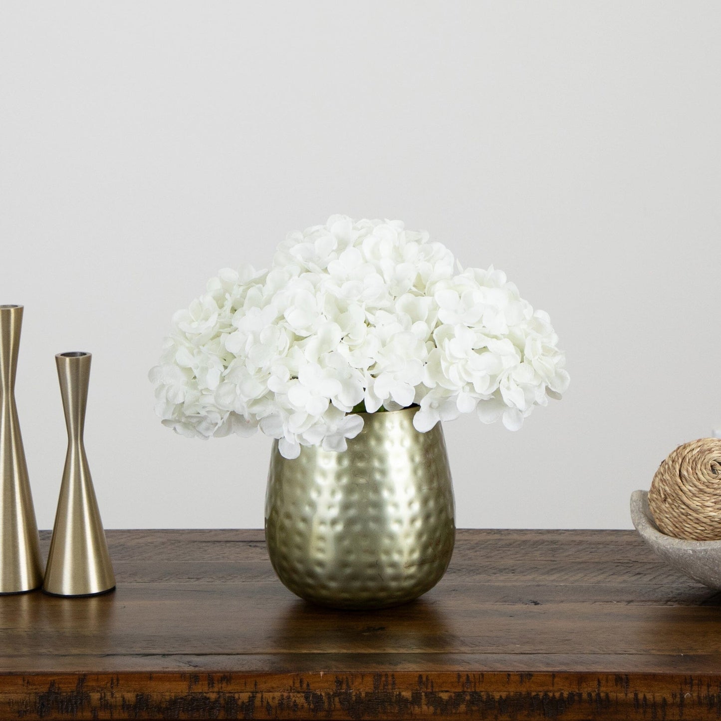 11” Artificial Hydrangea Arrangement in Gold Metal Vase - Tampa Home & Garden Store