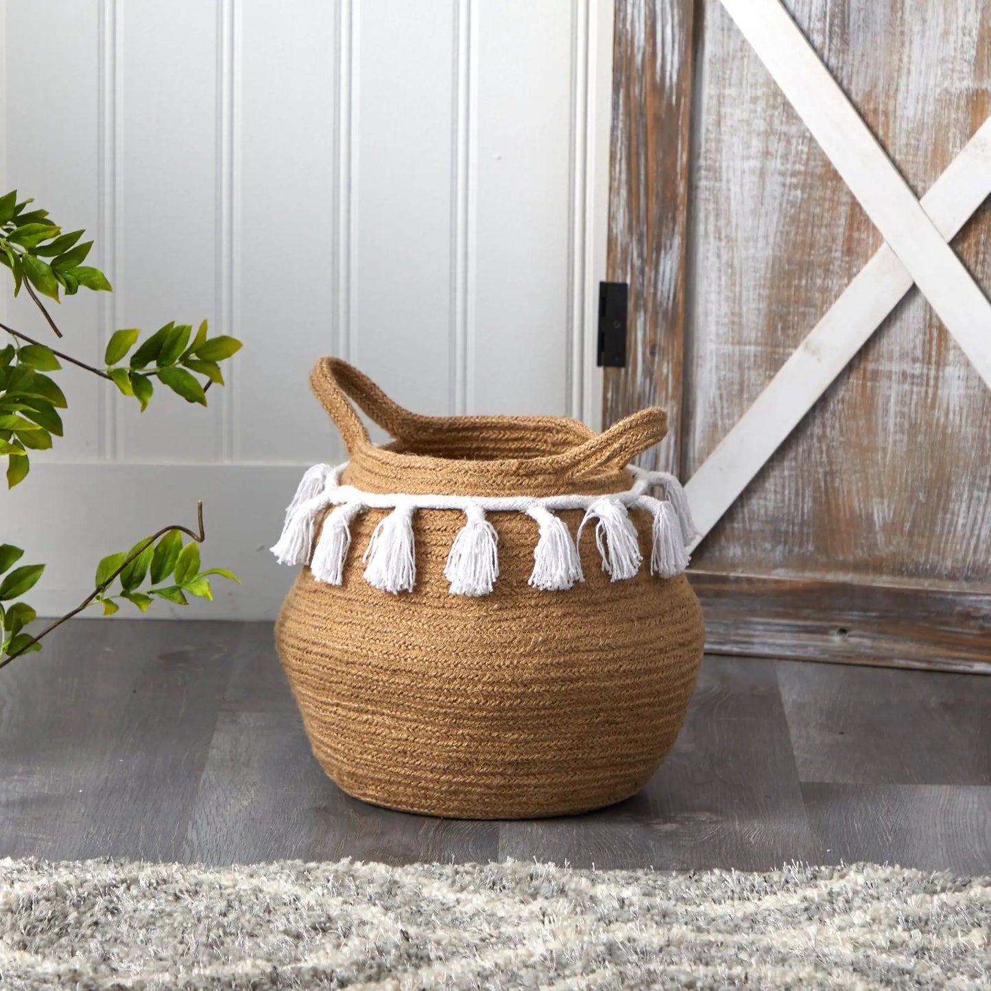 Planter Boho Chic Cotton Woven with Tassels, natural beige color, white fringe tassels on Tampa Home & Garden Store