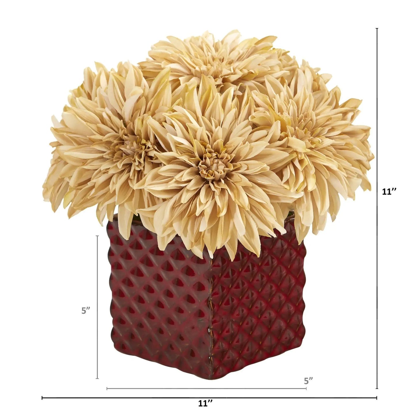 Dahlia artificial arrangement in red ceramic cube vase with cream petals Nearly Natural on Tampa Home & Garden Store