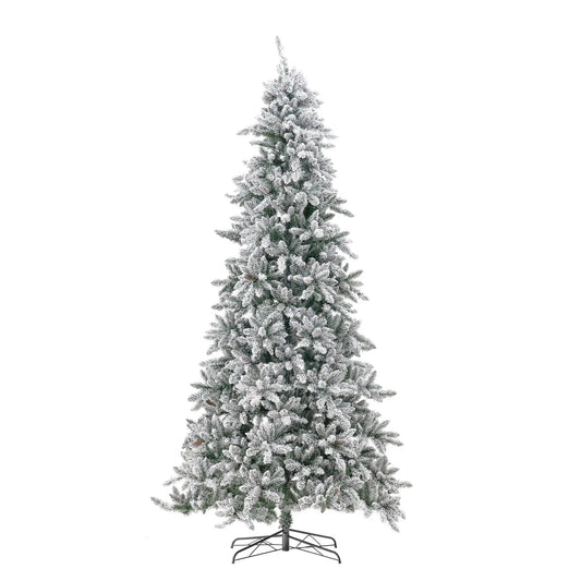 Flocked Fir Christmas Tree with Pinecones, Nearly Natural snow-flocked branches on metal stand on Tampa Home & Garden Store