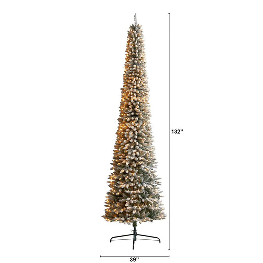 Nearly Natural 11 ft flocked pencil Christmas tree with 850 lights on metal stand on Tampa Home & Garden Store