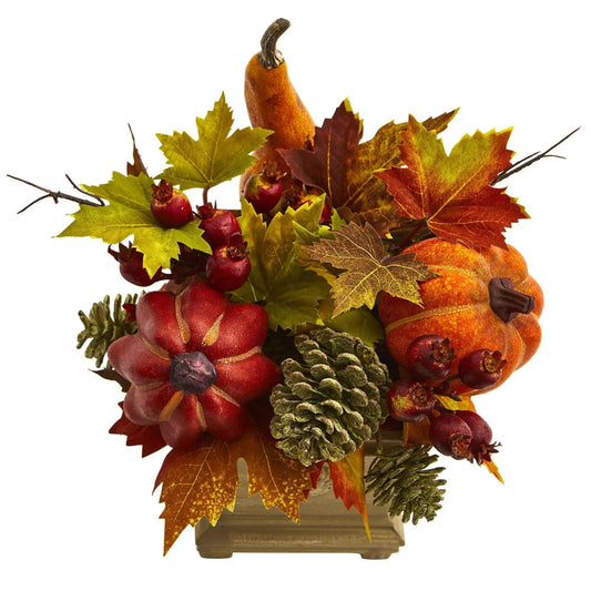 11 Inch Pumpkin Berry Maple Leaf artificial arrangement with orange pumpkin and red berries on Tampa Home & Garden Store