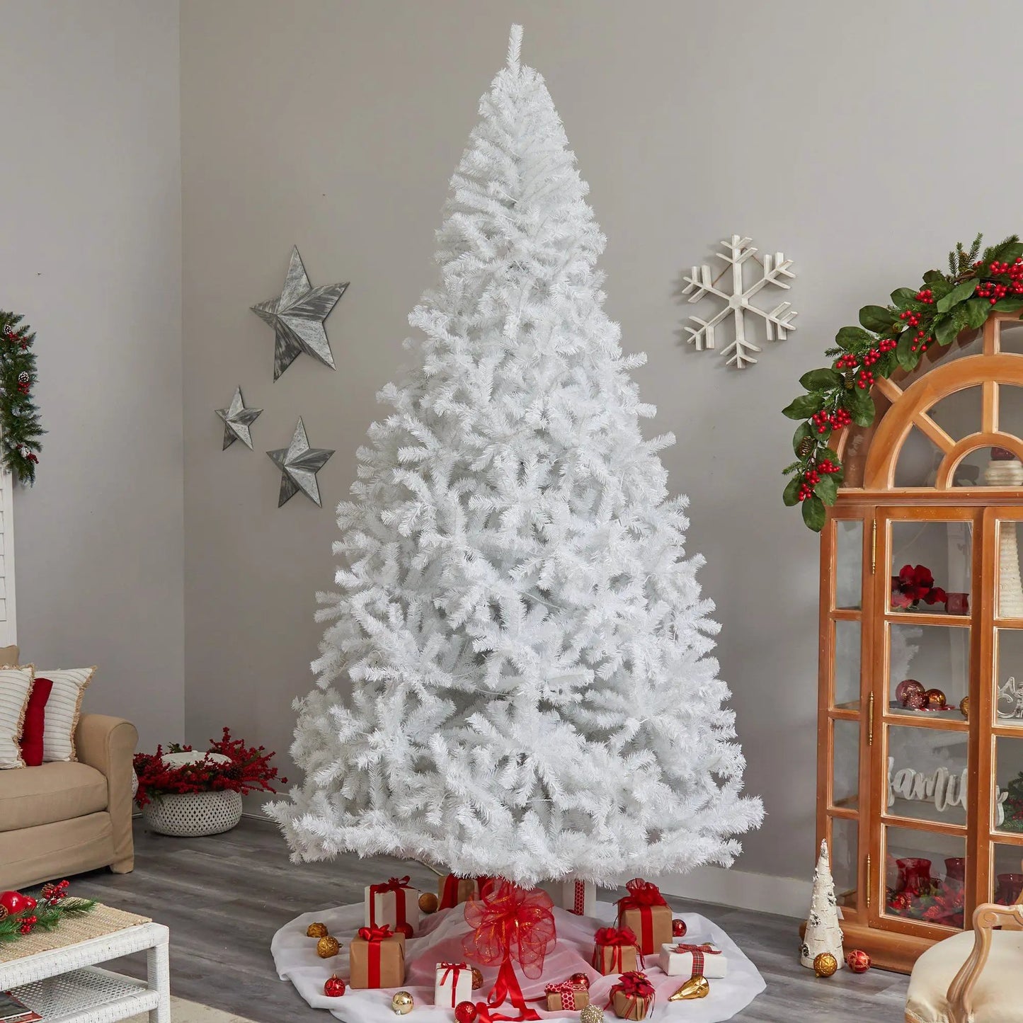 11 ft white artificial Christmas tree with LED lights by Nearly Natural, dense branches on Tampa Home & Garden Store