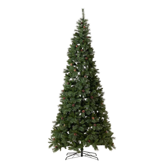 11 ft White Mountain Pine artificial Christmas tree with pinecones on a metal stand on Tampa Home & Garden Store