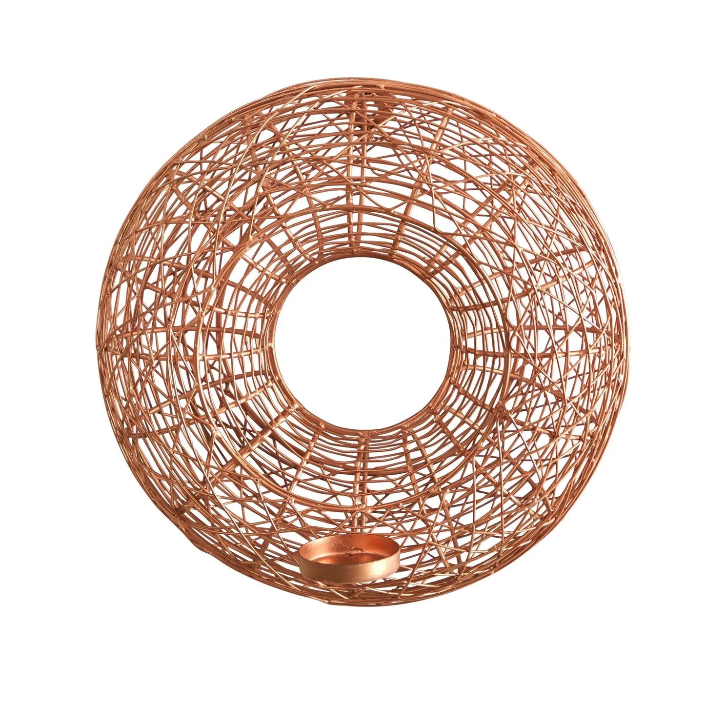 Copper Circle Wall Sconce Candle Holder with a woven copper wire sphere and candle cup on Tampa Home & Garden Store
