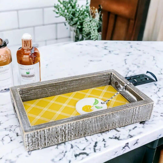 Tray Gia Roma Squeeze the Day yellow plaid interior wooden tray with distressed gray frame on Tampa Home & Garden Store