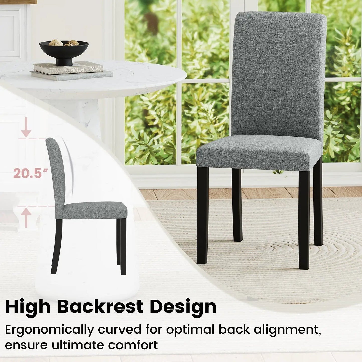 Dining chairs set of 2, mid-century modern gray fabric, black legs in bright kitchen on Tampa Home & Garden Store