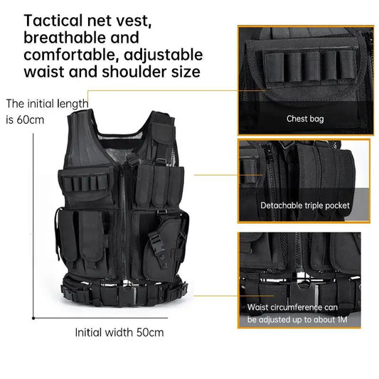 Black 6000D nylon tactical vest with detachable pockets chest bag and adjustable waist on Tampa Home & Garden Store