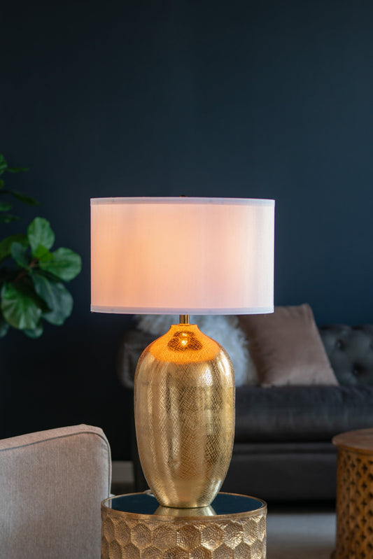 D18x31 Round aluminum gold table lamp with white fabric shade HouseOfZazla on Tampa Home & Garden Store