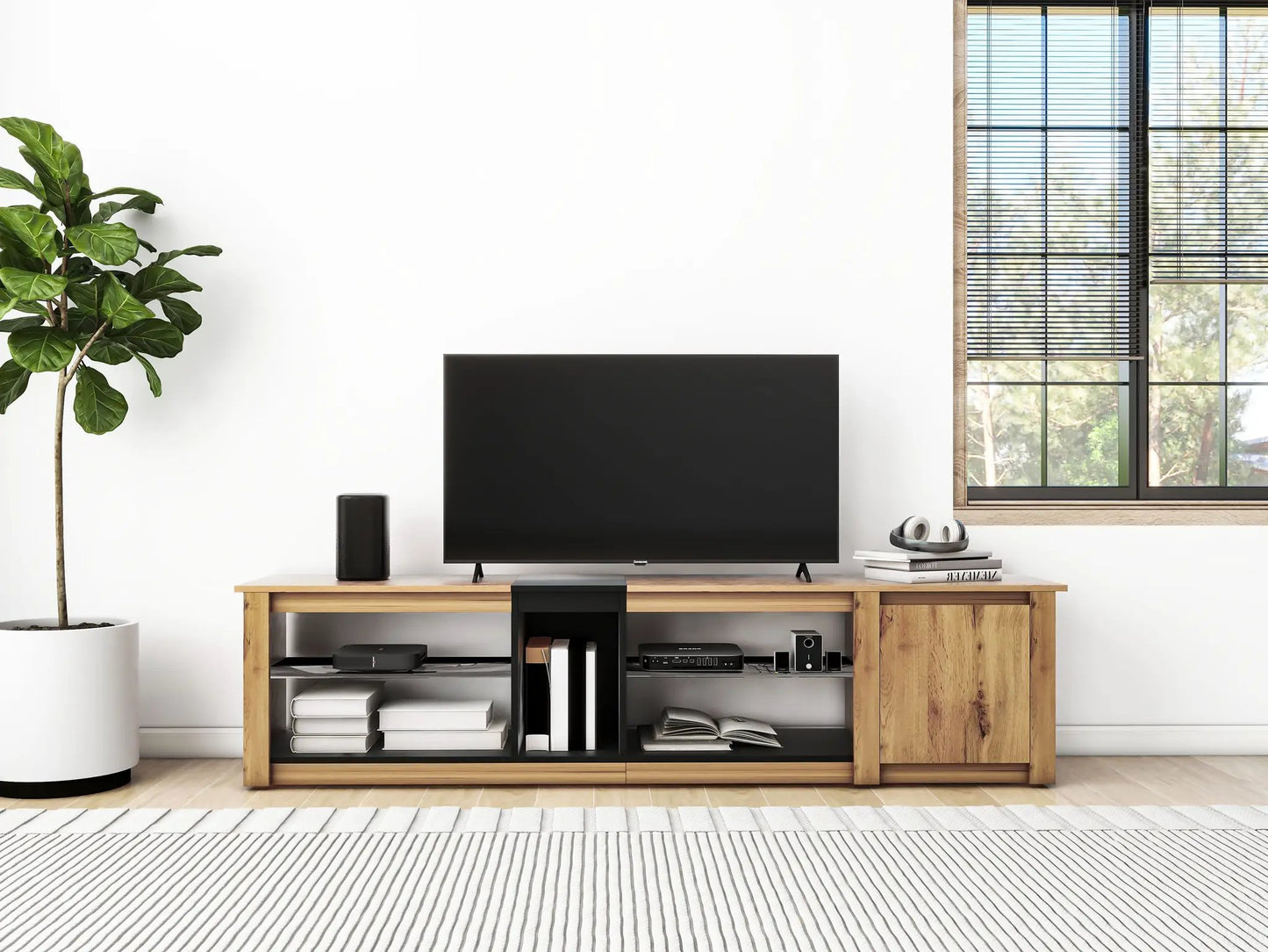 Modern TV Stand for 80-Inch TVs with LED Lights wooden media console with open shelves on Tampa Home & Garden Store