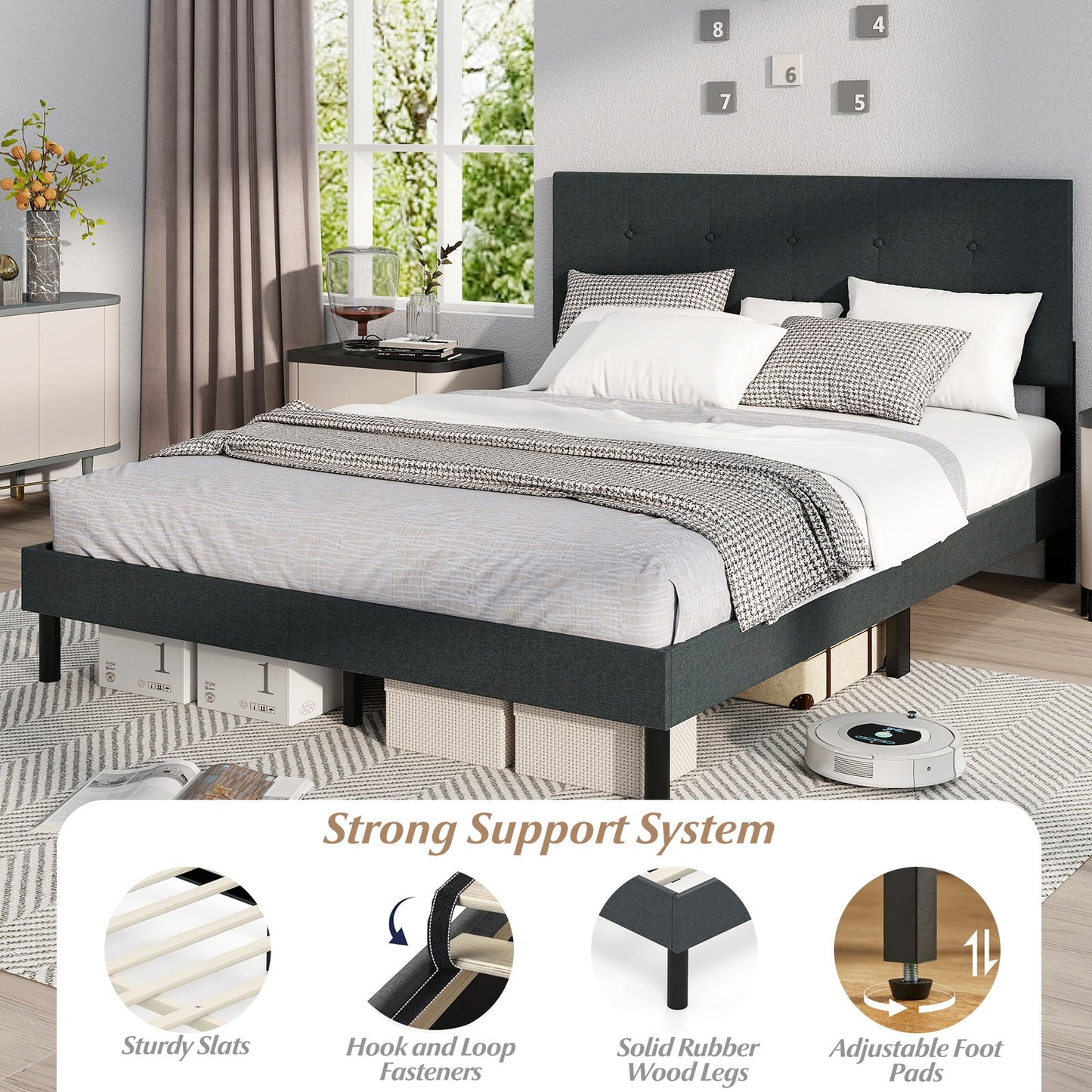 Queen Size DirectDeals Upholstered Linen Platform Bed in Gray with tufted headboard on Tampa Home & Garden Store