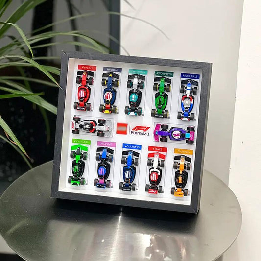 Dustproof display frame for Lego 71049 with black frame and a colorful display of race cars on Tampa Home & Garden Store