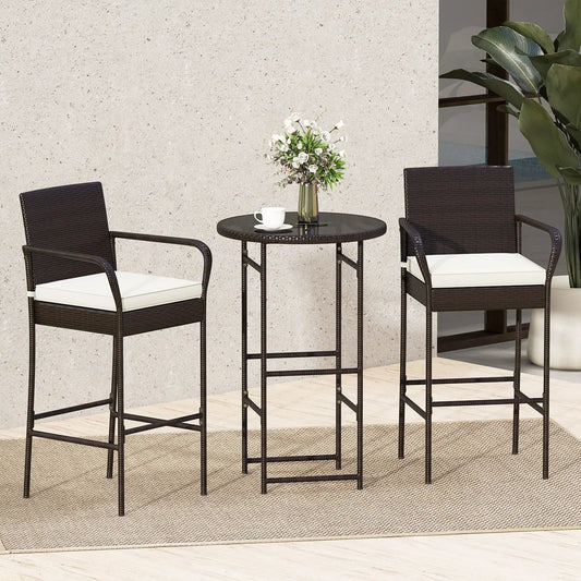 3 Piece Outdoor Bar Set for Porch, dark brown wicker, white cushions, glass table on Tampa Home & Garden Store