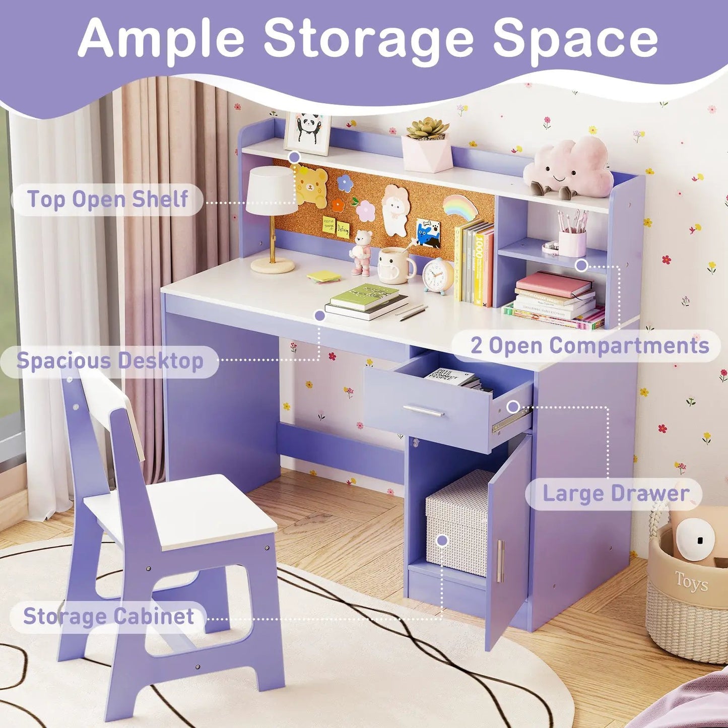 Kids study desk and chair set in lavender purple with corkboard and storage by DirectDeals on Tampa Home & Garden Store