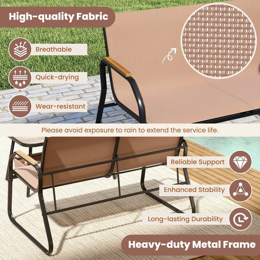 Four-piece patio set with rocking bistro chairs in coffee brown fabric on Tampa Home & Garden Store