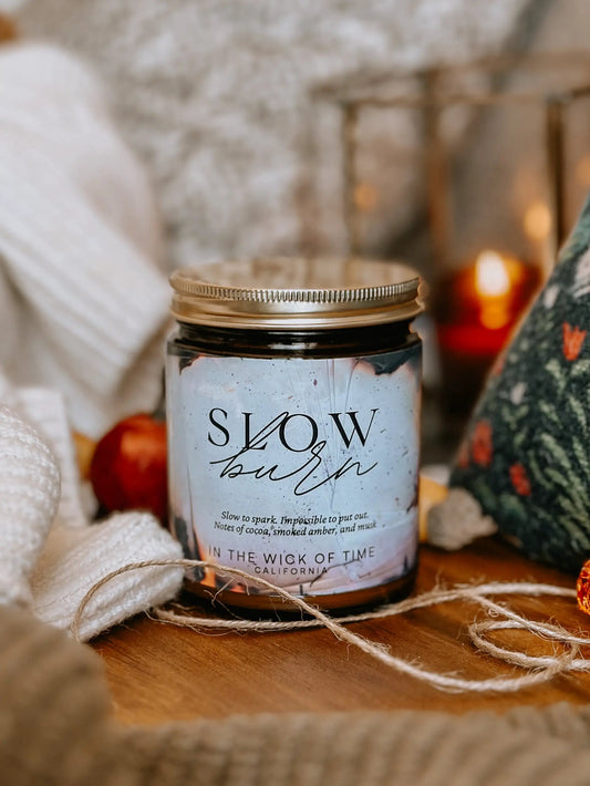 Slow Burn Candle Cocoa Butter and Cashmere Musk in a glass jar with lid by In the Wick of Time on Tampa Home & Garden Store