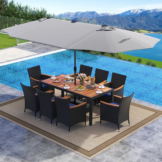 Patio dining set with LED umbrella, 11 pieces, light grey canopy and dark wicker chairs by pool on Tampa Home & Garden Store