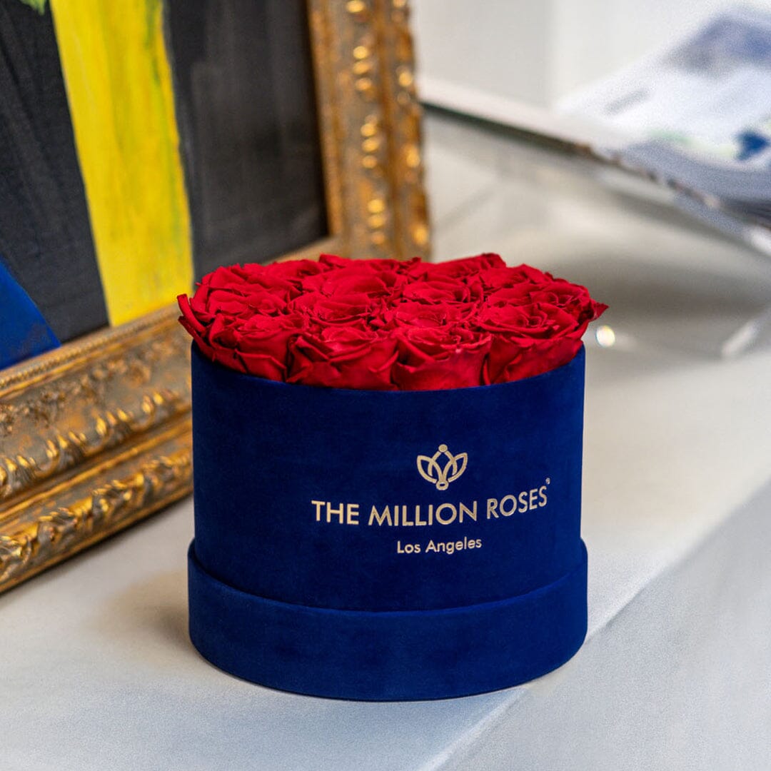 Classic Royal Blue Suede Box with Red Roses by The Million Roses on Tampa Home & Garden Store