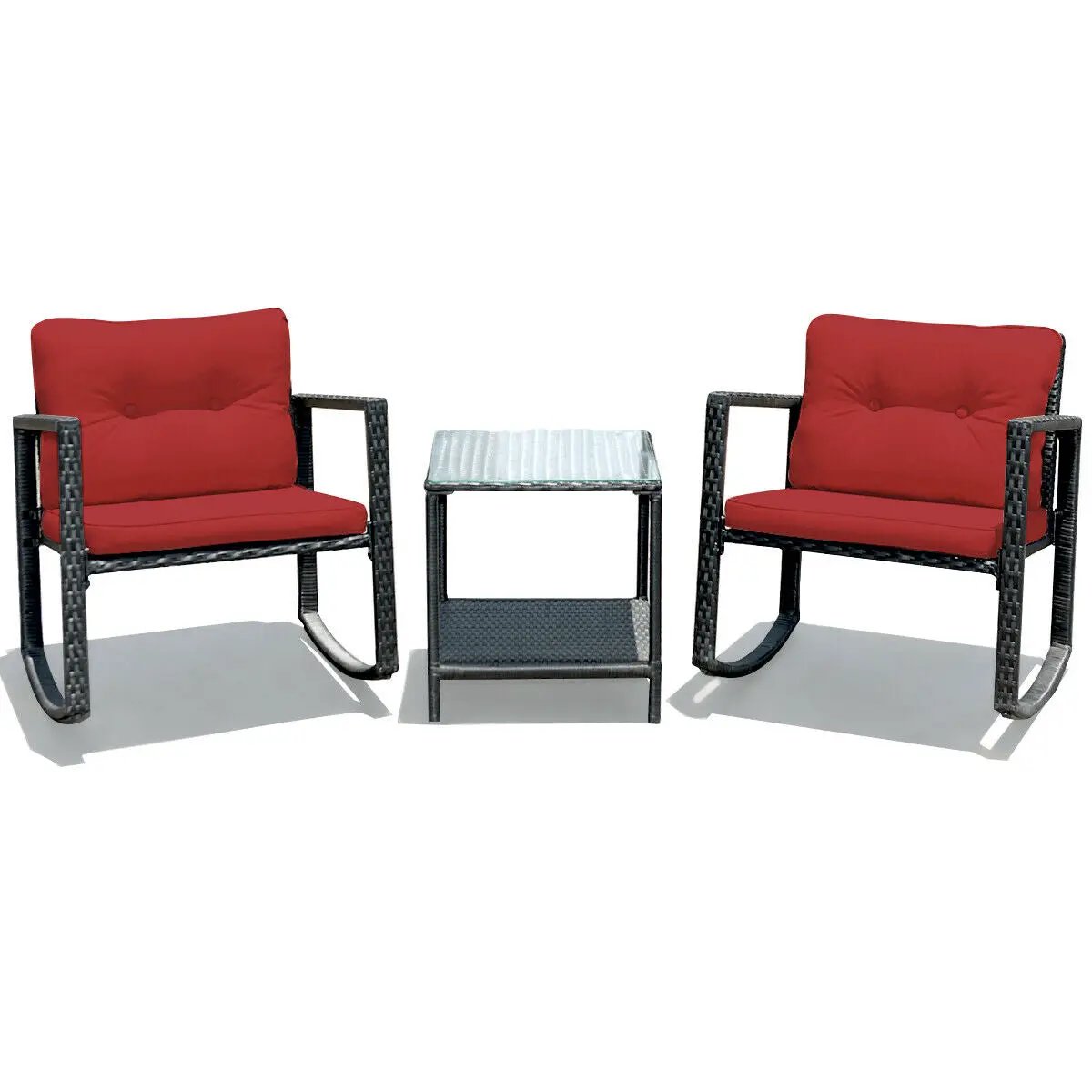 3-piece black patio rattan rocker set with red cushions and glass top table on wicker frame on Tampa Home & Garden Store