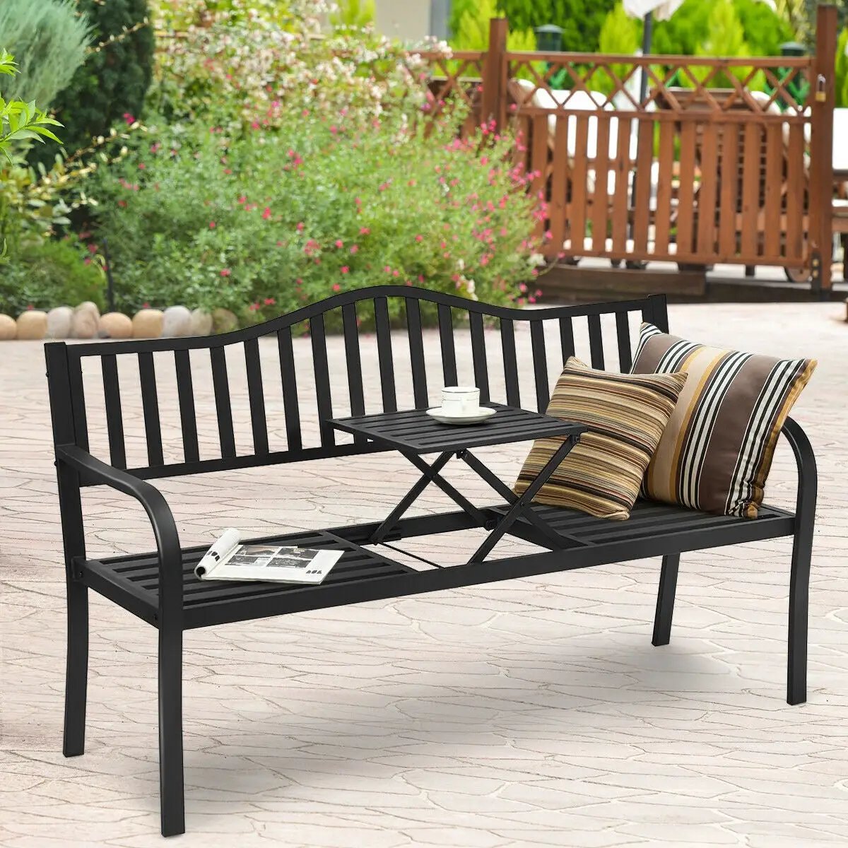 DirectDeals patio garden bench with black steel frame and fold-out center table on Tampa Home & Garden Store