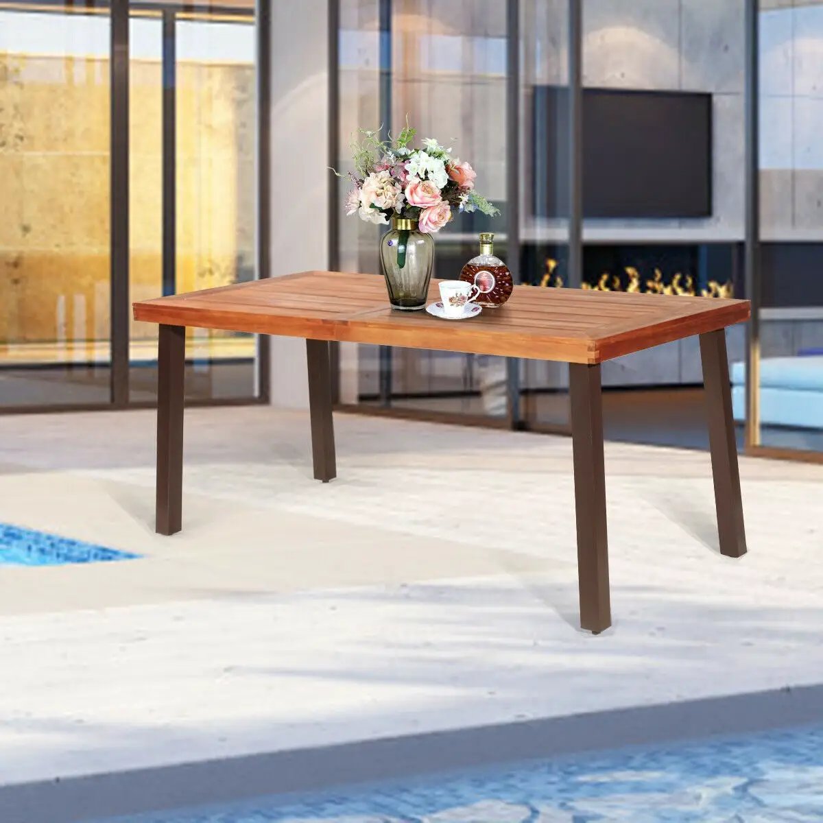 Rectangular acacia wood rustic dining table with warm wood top and dark brown legs on Tampa Home & Garden Store