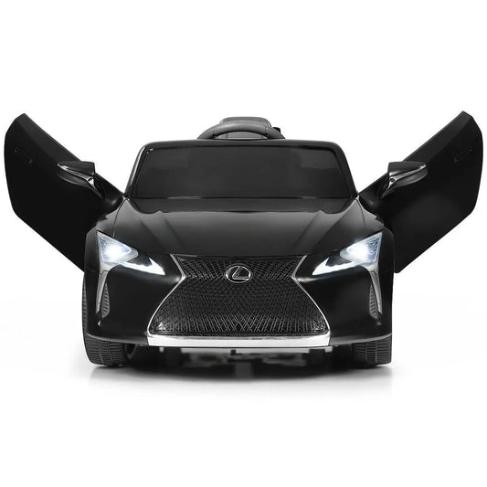 Lexus LC500 licensed ride-on car for kids, black exterior with open gull-wing doors on Tampa Home & Garden Store