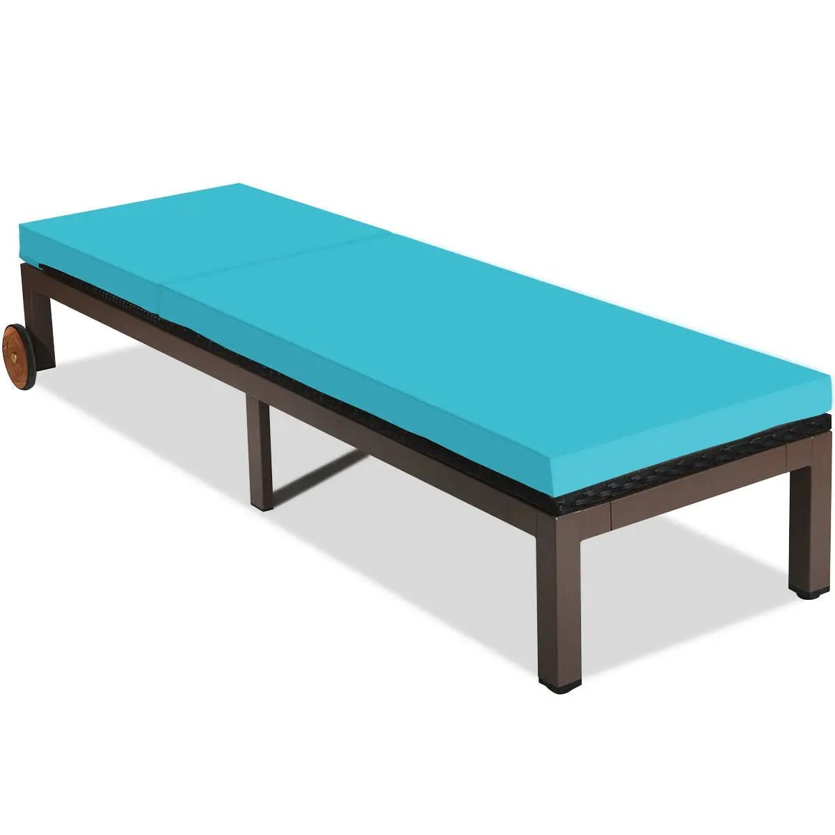 Back Adjustable Cushioned Patio Lounge Chair turquoise cushion on a brown frame with wheels on Tampa Home & Garden Store