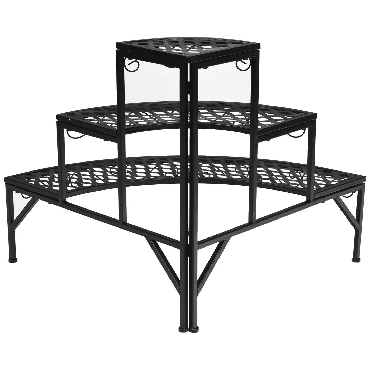 Three-tier black metal corner plant display rack with lattice shelves on Tampa Home & Garden Store