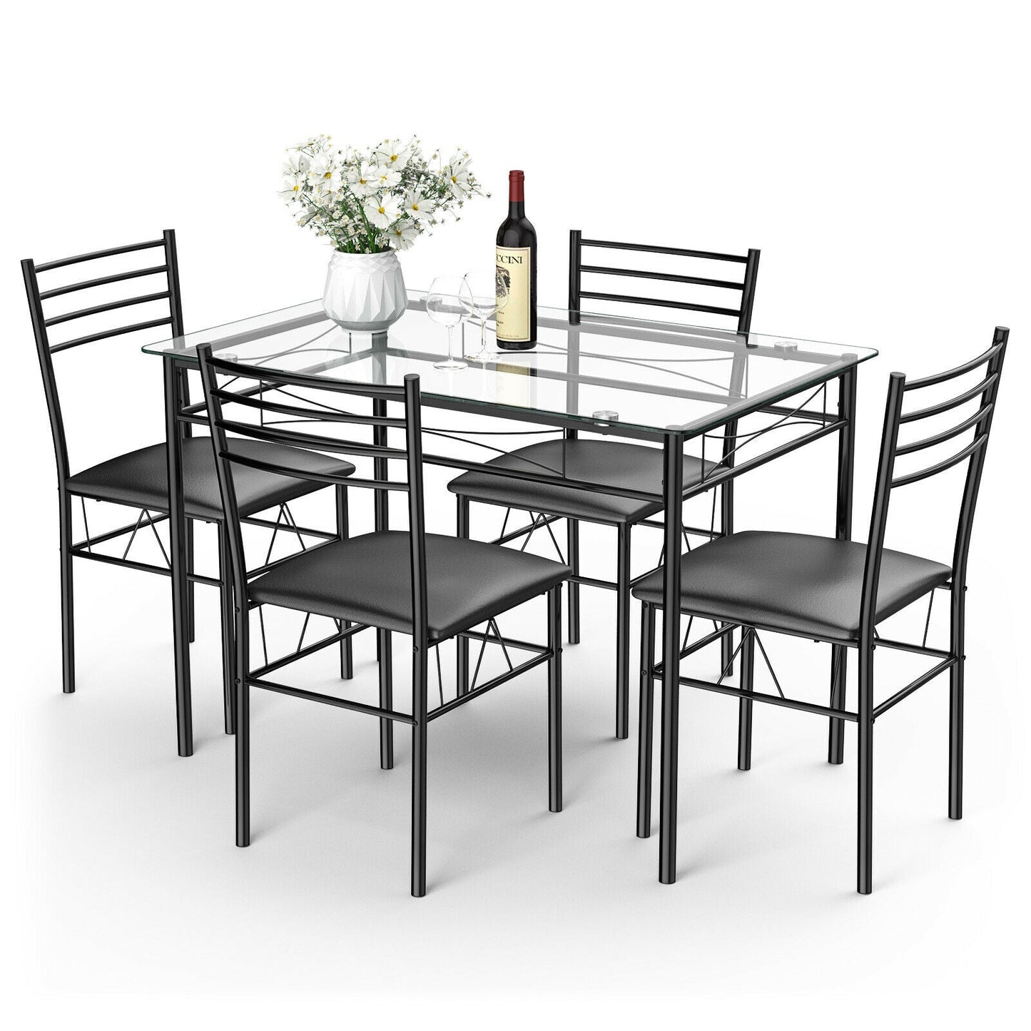 5-piece dining set with tempered glass top and black metal chairs with cushioned seats on Tampa Home & Garden Store