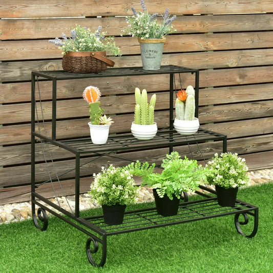 3 Tier Outdoor Metal Garden Planter Stand with black frame wicker top basket and gray metal bucket planter white ceramic cactus pots on Tampa Home & Garden Store