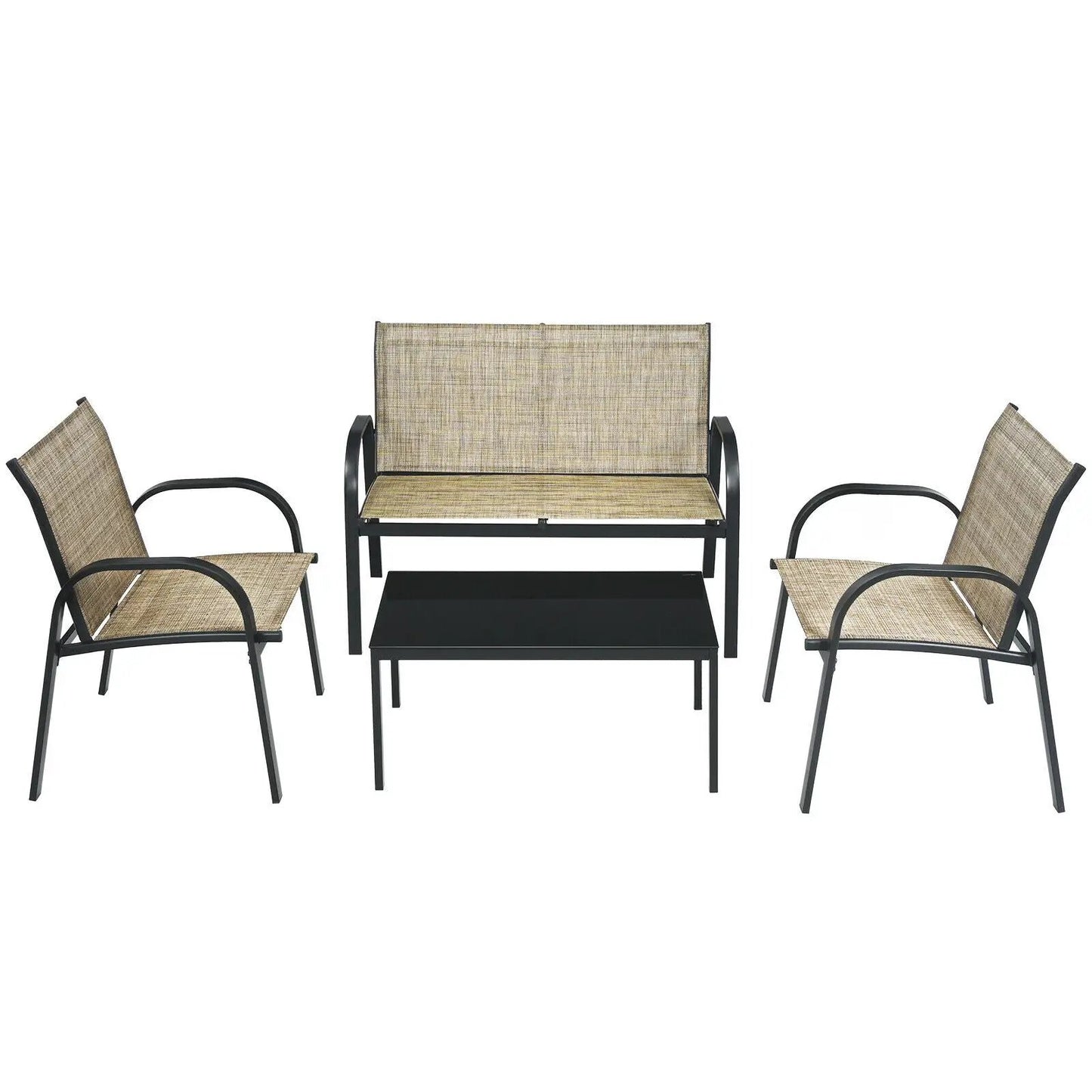 4 Piece Patio Furniture Set with Glass Top Table, beige woven seating and black metal frames on Tampa Home & Garden Store
