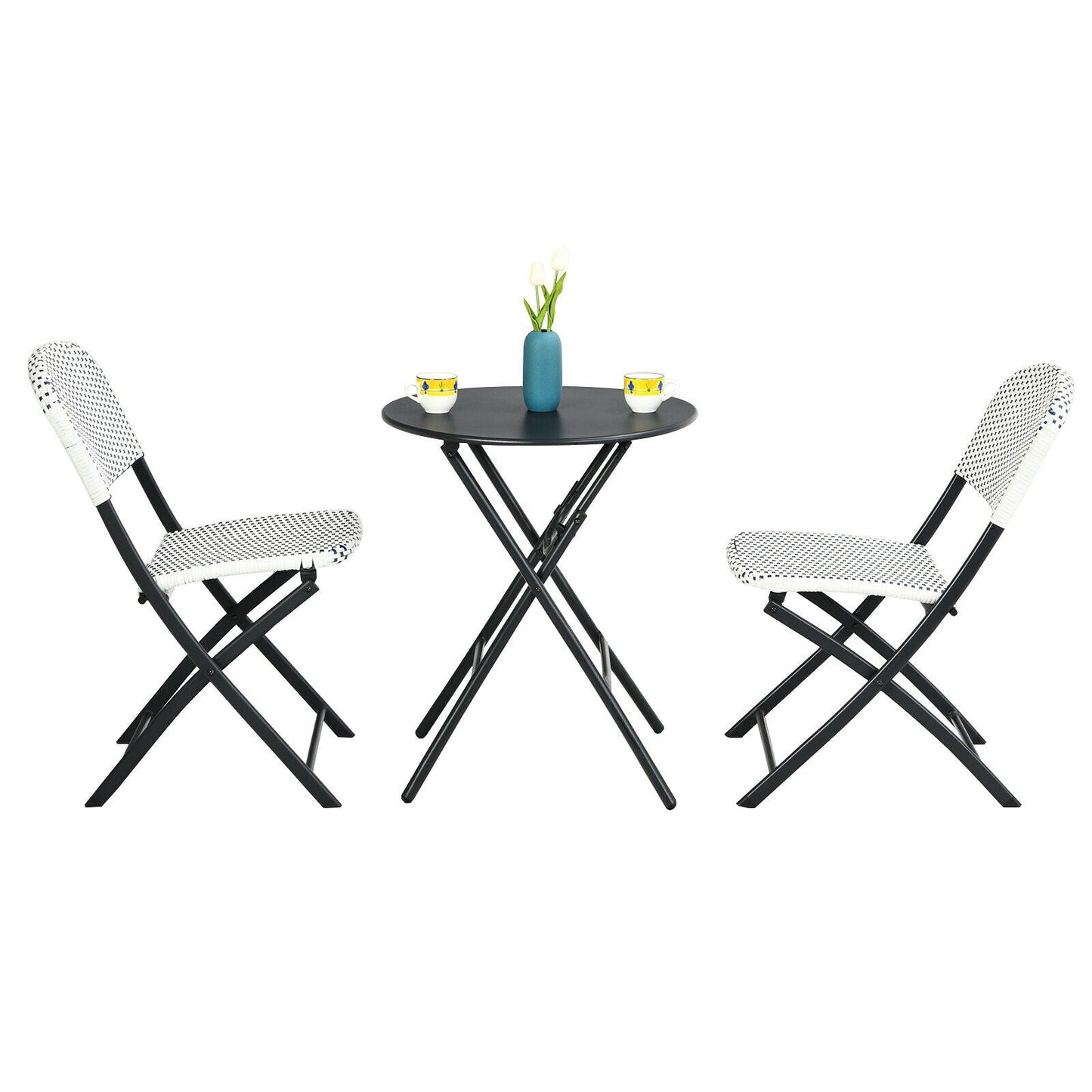 DirectDeals 3 Piece Patio Rattan Bistro Set with Round Table and 2 White-Black Patterned Chairs on Tampa Home & Garden Store