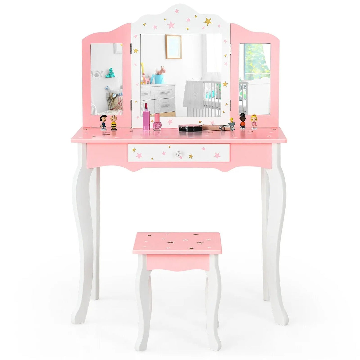 Kids princess vanity table with pink and white finish, tri-fold mirror and matching stool on Tampa Home & Garden Store