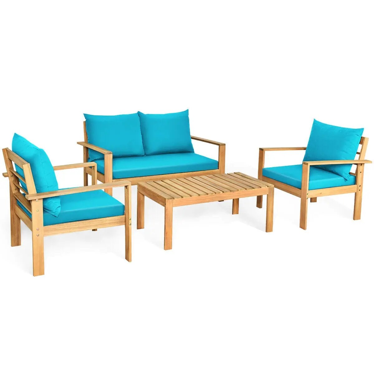 Outdoor 4 Piece Acacia Wood Chat Set with turquoise cushions; sofa, 2 armchairs, coffee table on Tampa Home & Garden Store