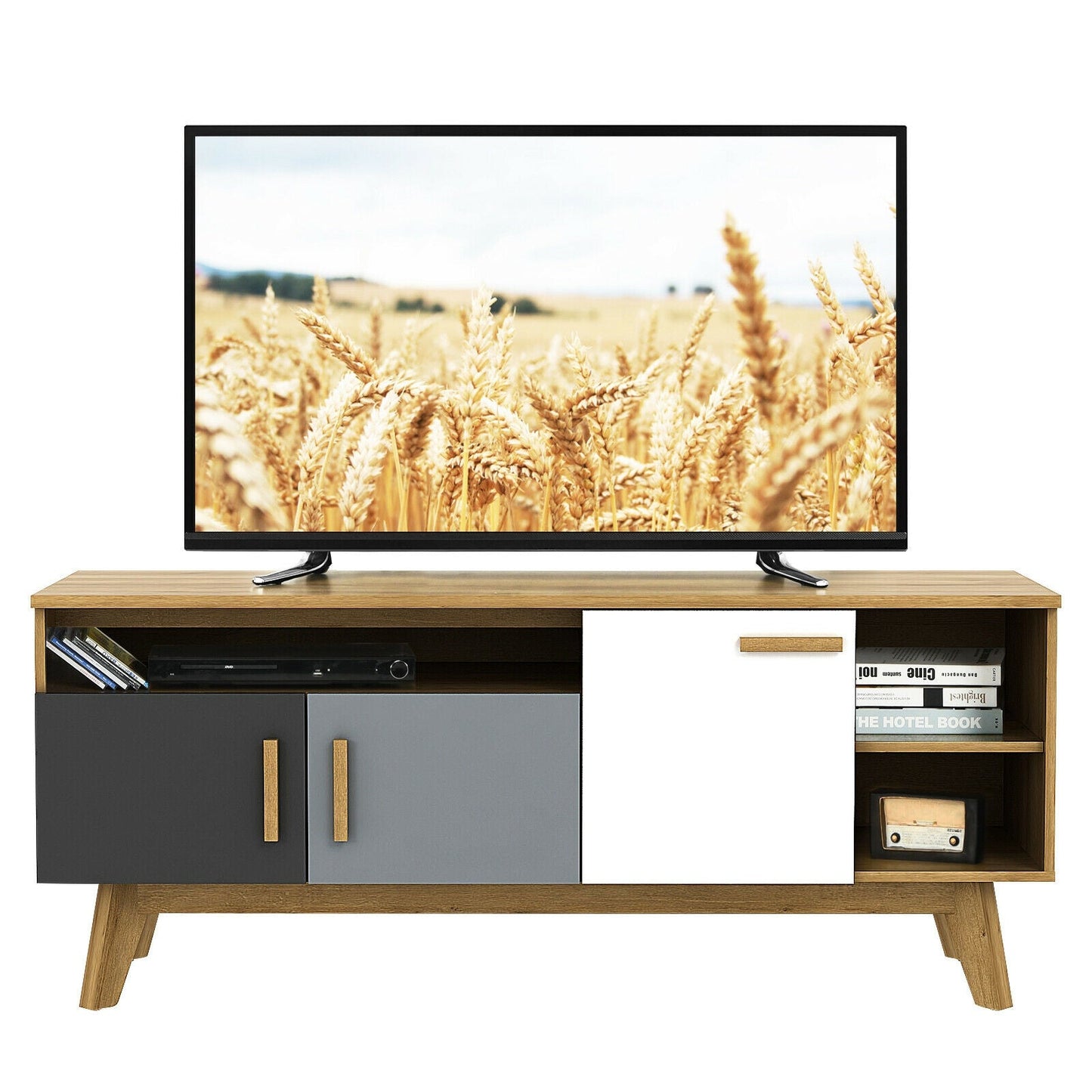 Mueble para TV de 65 pulgadas con 3 armarios de almacenamiento y 3 estantes abiertos para salón