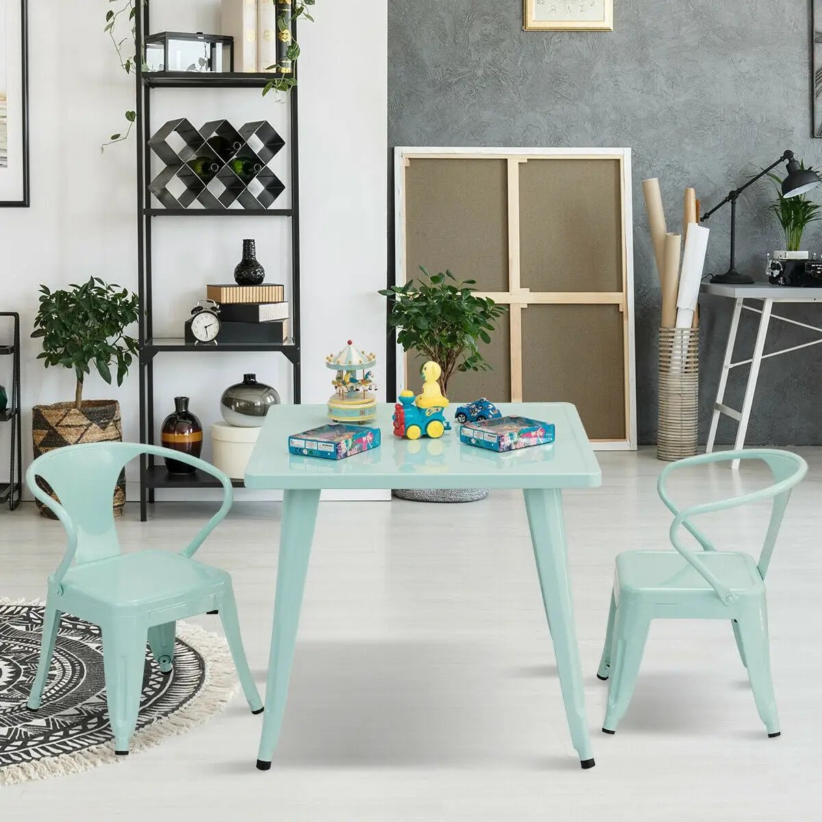 Two steel armchair stackable kids chairs mint green on Tampa Home & Garden Store