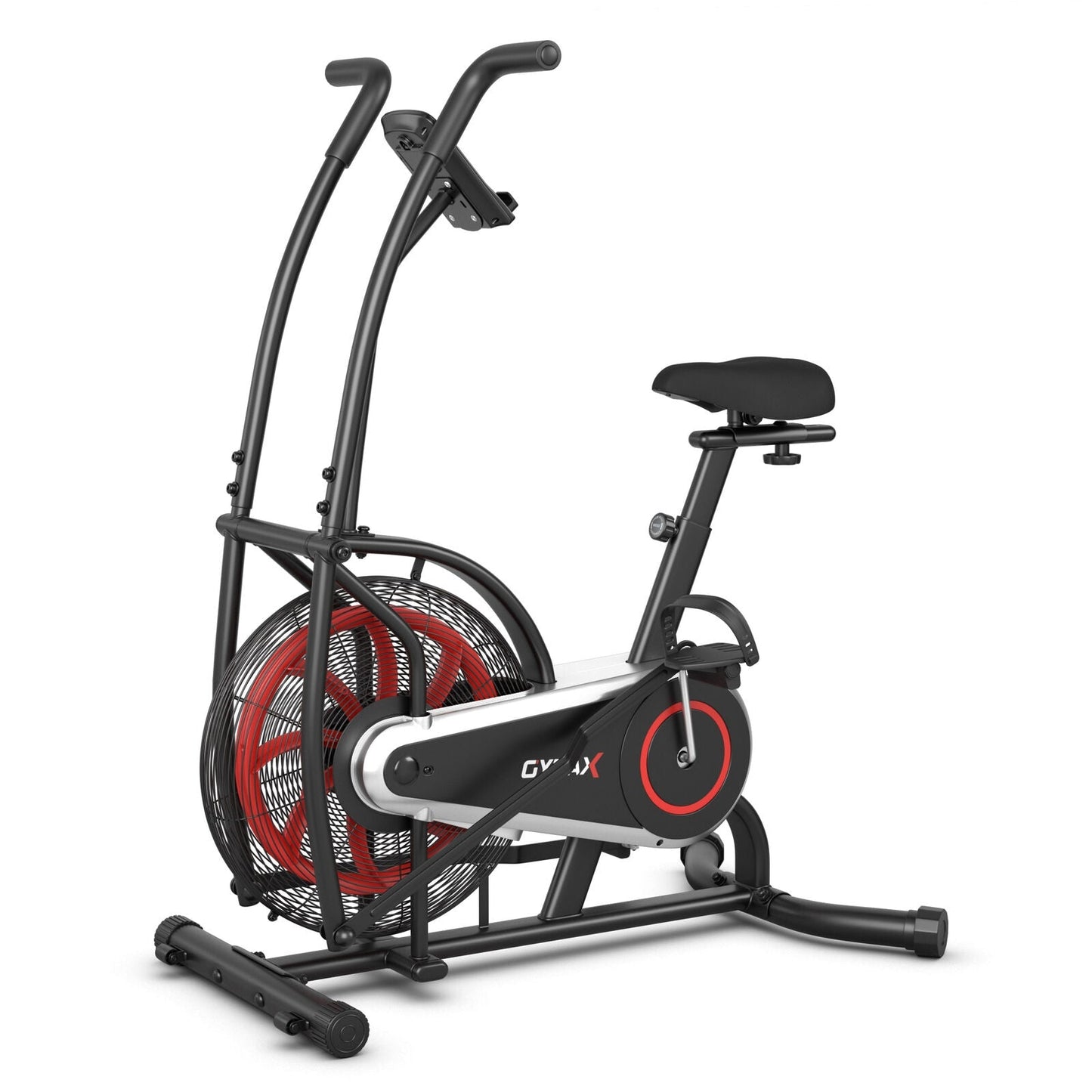 Upright air bike with unlimited resistance, black frame, red flywheel, GYMAX branding on Tampa Home & Garden Store